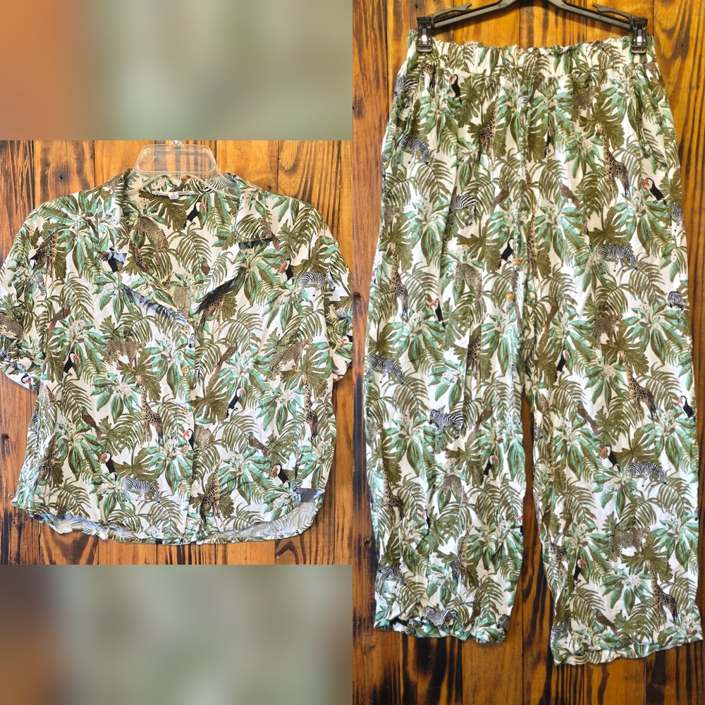Jane + Delancey Vacation Tropical Leaf Print Leisure Blouse Pants Set, Women's M
